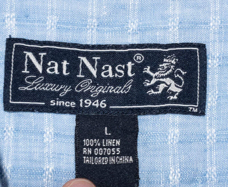 Nat Nast Linen Shirt Large Men's Blue Check Textured Hawaiian Camp Short Sleeve