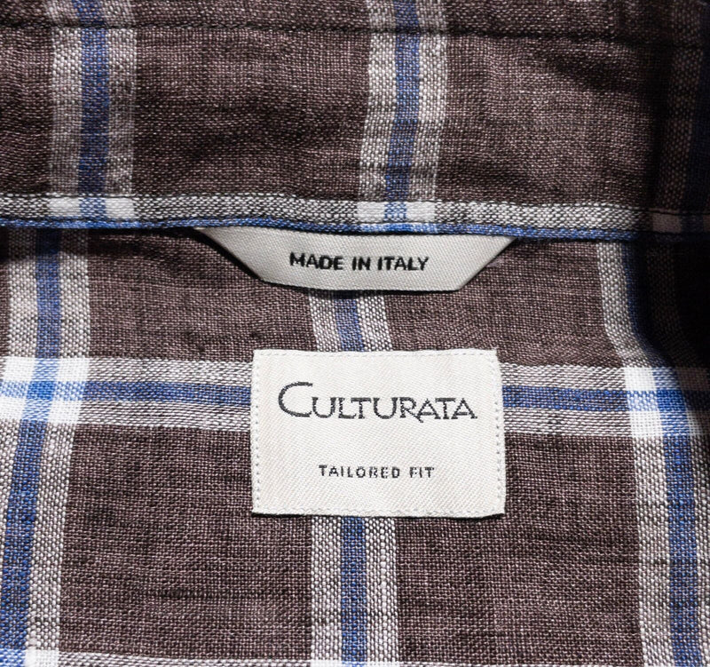 Culturata Linen Shirt Men's XL Tailored Fit 17.5/44 Brown Plaid Short Sleeve