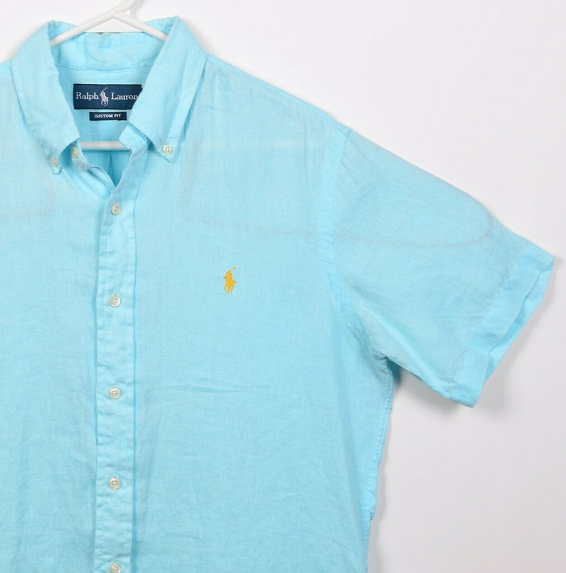 Polo Ralph Lauren Men's Medium 100% Linen Solid Aqua Blue Button-Down Shirt