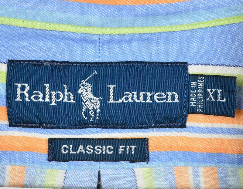 Polo Ralph Lauren Men's XL Classic Fit Linen Blend Blue Orange Striped Shirt