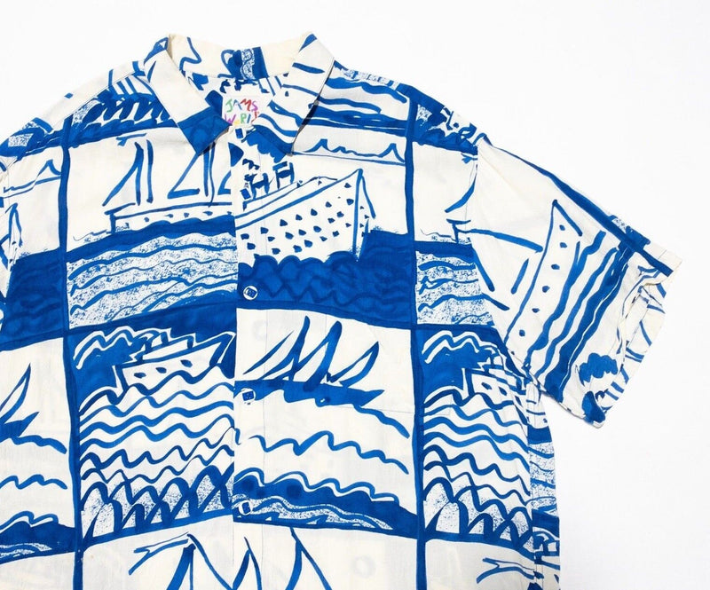 Jams World Hawaiian Shirt XL Men's Sailboat Ship Blue White Aloha Crinkle Rayon