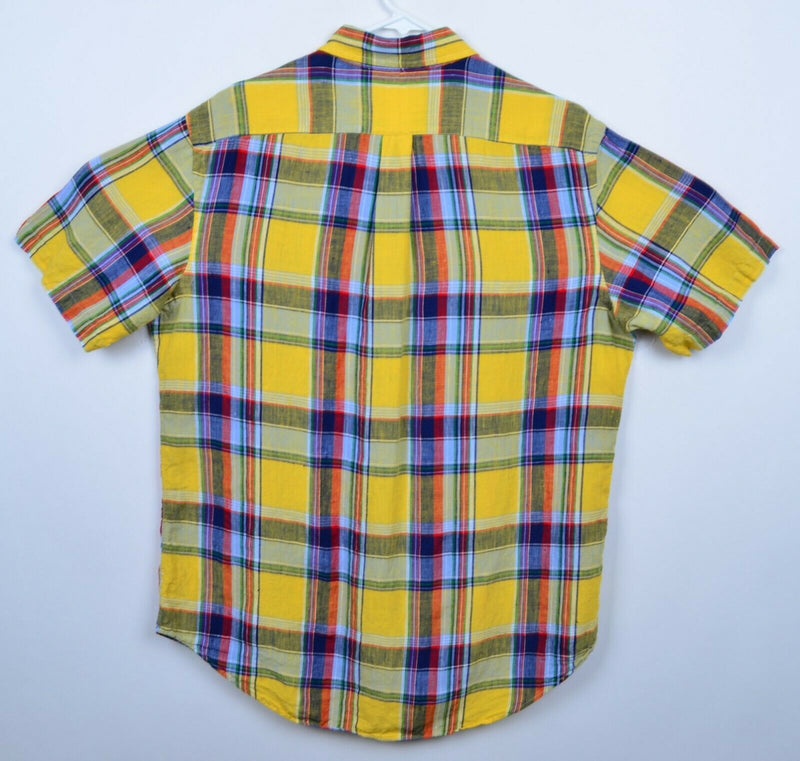 Polo Ralph Lauren Men's Sz Large 100% Linen Yellow Multi-Color Plaid S/S Shirt