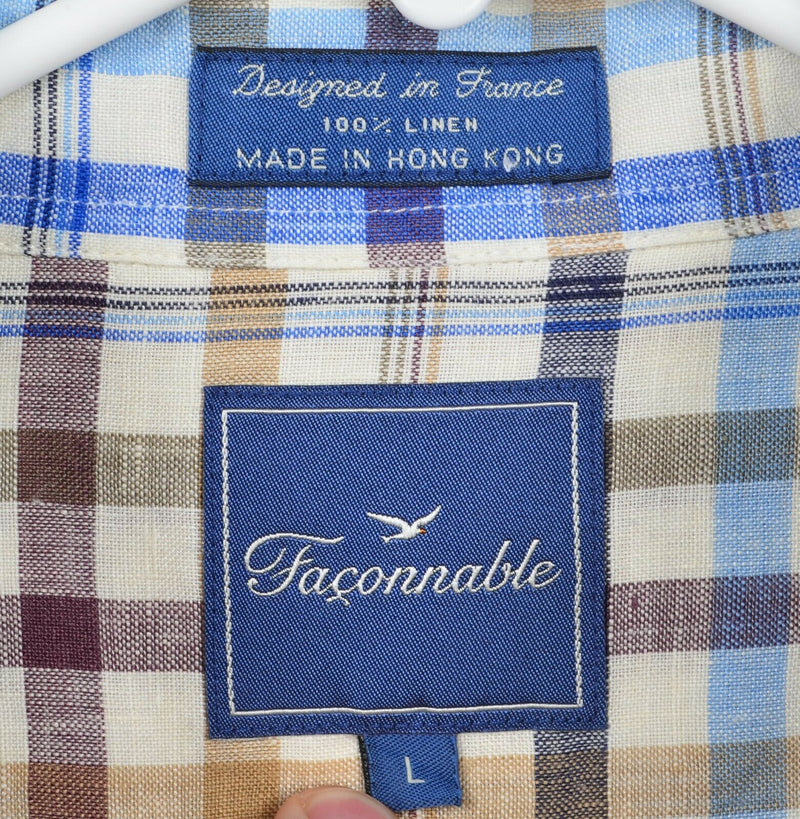 Vtg Faconnable Men's Large 100% Linen Blue Brown Plaid Check Button-Down Shirt