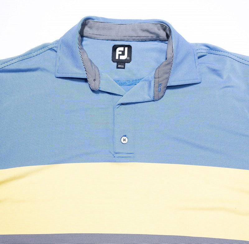 FootJoy Golf Shirt Large Mens Polo Blue Yellow Colorblock Stripe Wicking Stretch