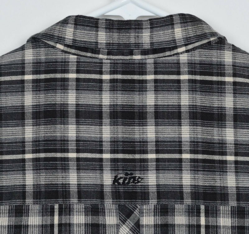 Kuhl Men's Large Gray Black Plaid Flip Cuff Metal Buttons Hiking Flannel Shirt