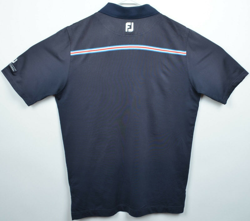 FootJoy Men's Medium Athletic Fit Logo Collar Navy Blue Striped Tour Issue Shirt