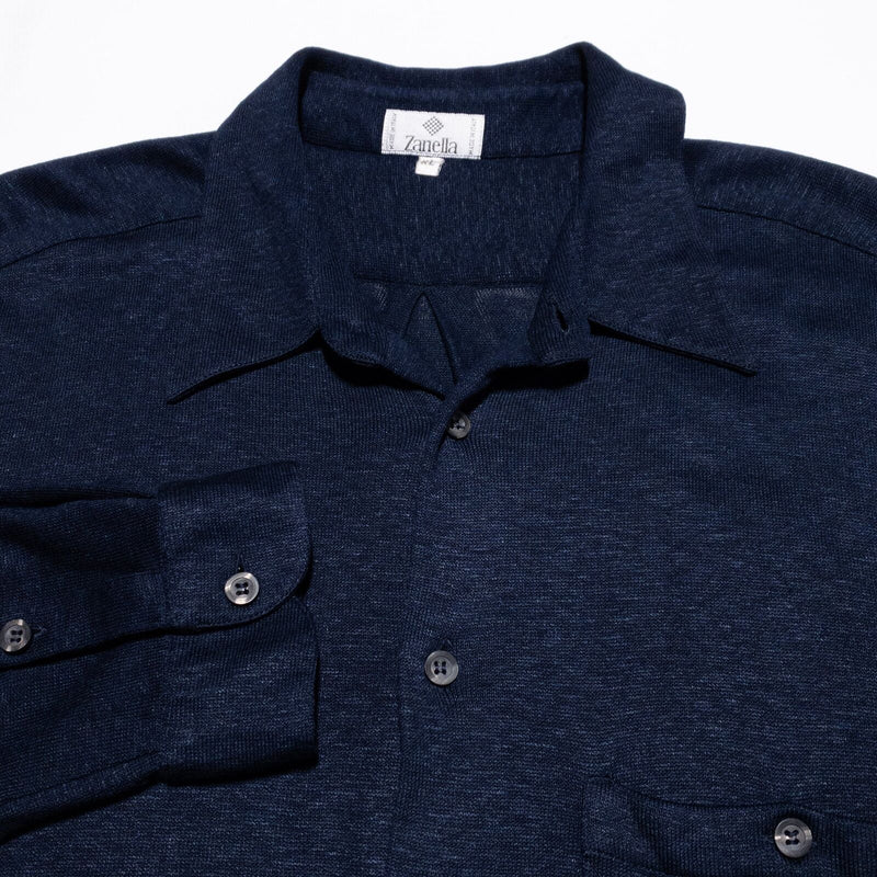 Zanella Rayon Linen Shirt Men's XL Button-Down Navy Blue Melange Italy Vintage