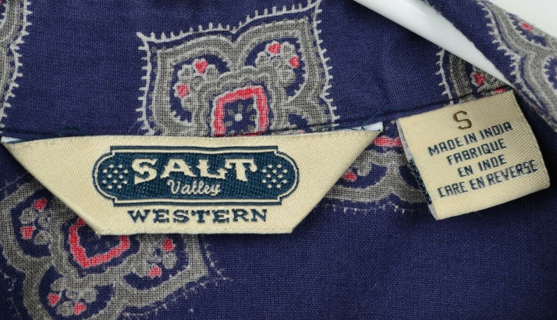 Salt Valley Western Men's Small Pearl Snap Navy Blue Patterned Rockabilly Shirt