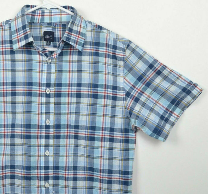 Blue Saks Fifth Avenue Men's Small Blue Plaid Cotton Spandex Short Sleeve Shirt