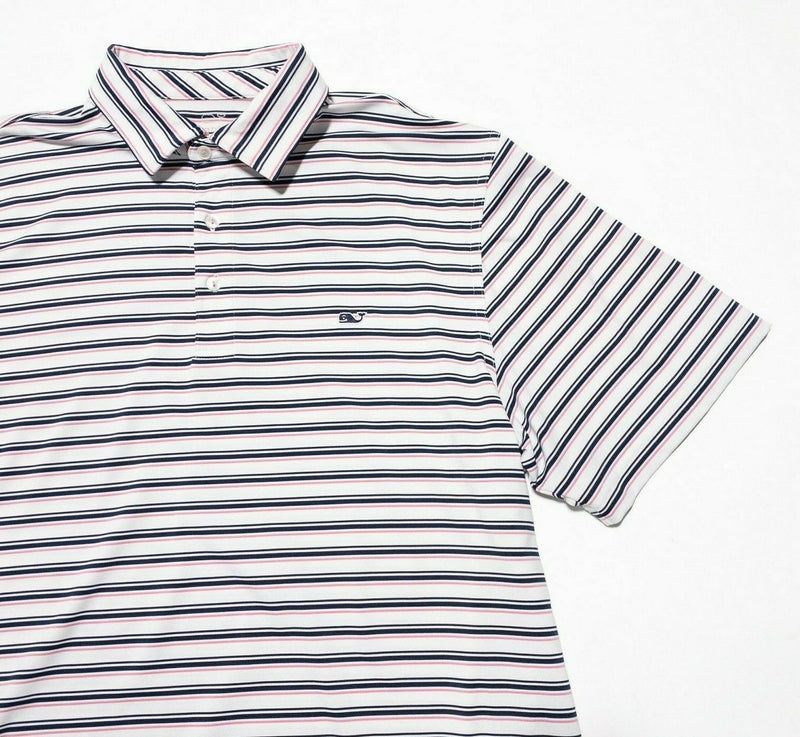 Vineyard Vines Performance Polo Large Men Polo Wicking White Pink Striped Whale
