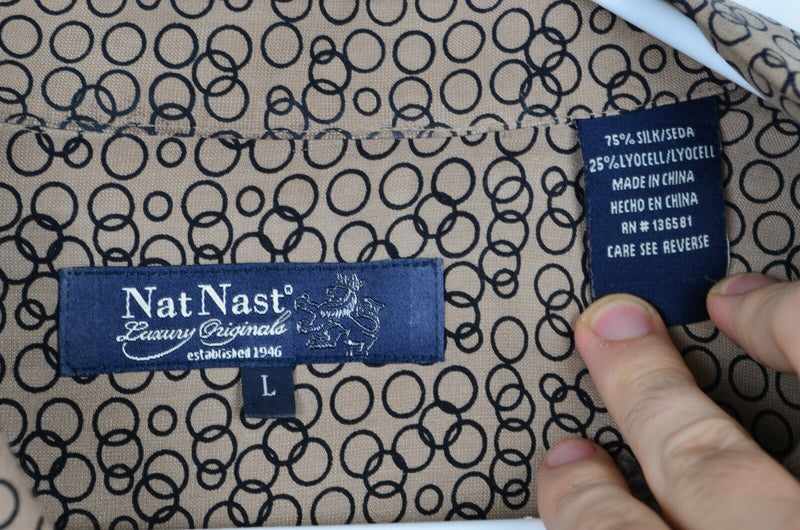 Nat Nast Men's Sz Large Silk Lyocell Blend Brown Circle Geometric Aloha Shirt