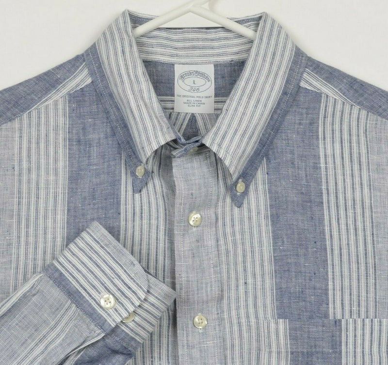 Brooks Brothers Men's Large Slim Fit 100% Linen Blue Striped Button-Down Shirt