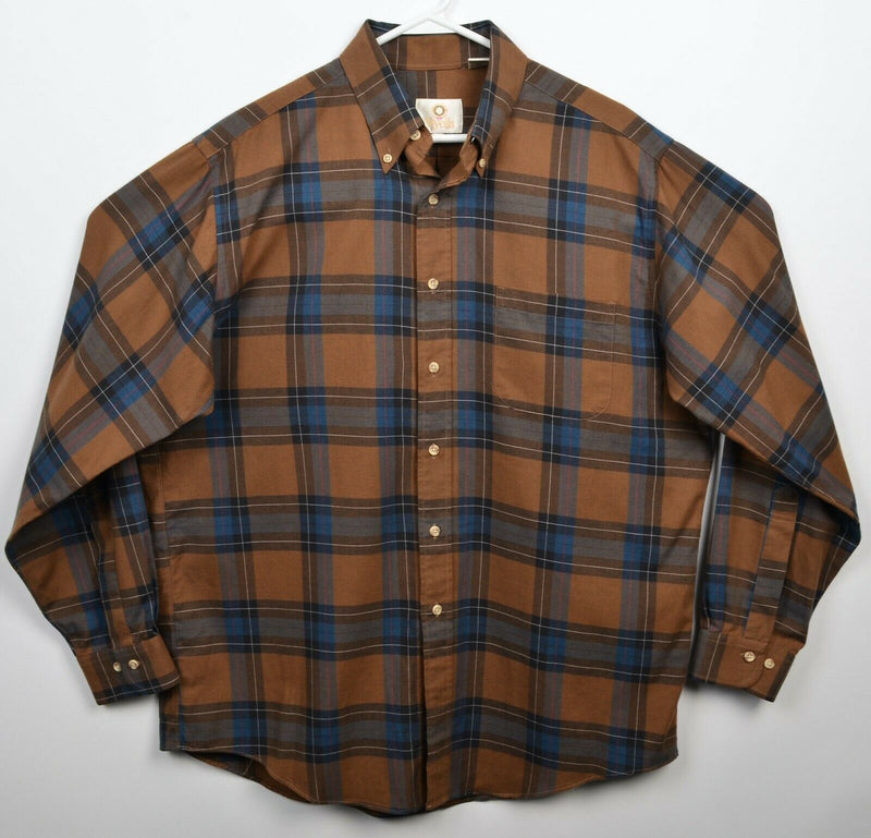 Viyella Men's Large Cotton Wool Blend Brown Navy Blue Plaid USA Flannel Shirt
