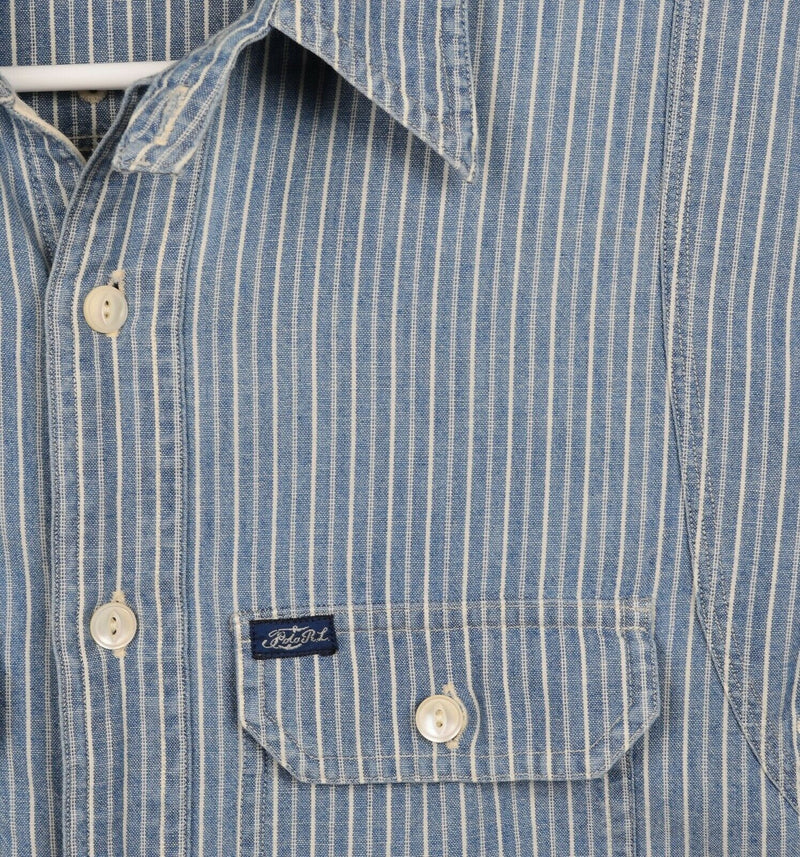 Polo Ralph Lauren Men's Sz Medium Hickory Stripe Denim Naval Polo RL Work Shirt