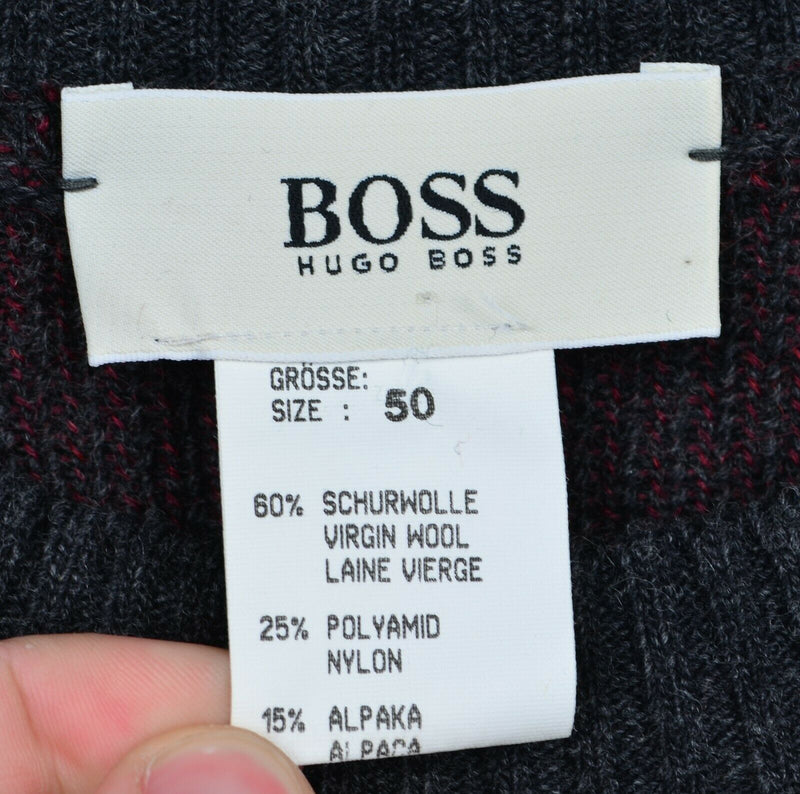 Vtg Hugo Boss Men's Sz 50 Large Wool Alpaca Gray Red Geometric Crewneck Sweater
