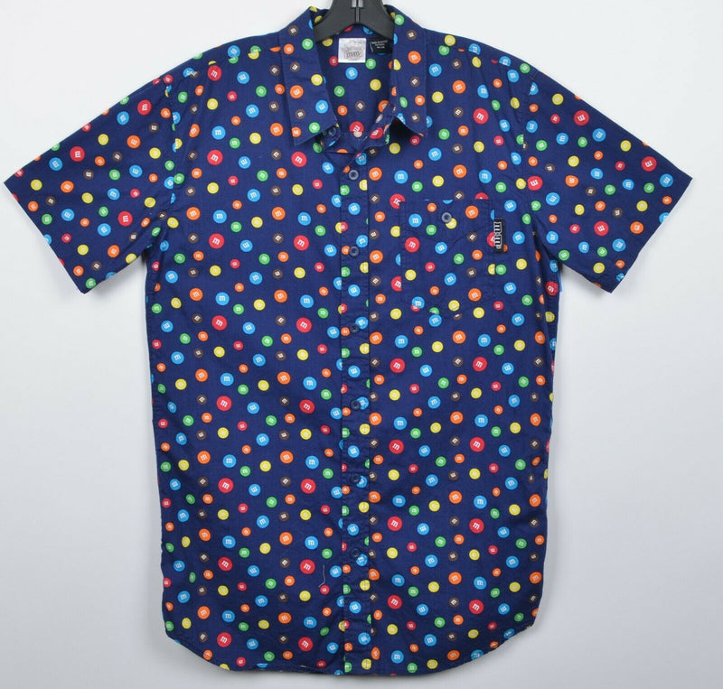 M&M Candy Men's Sz Medium Patterned Graphic Print Blue Button-Front Shirt