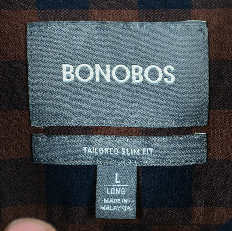 Bonobos Men Large Long Tailored Slim Brown Navy Buffalo Plaid Button-Front Shirt