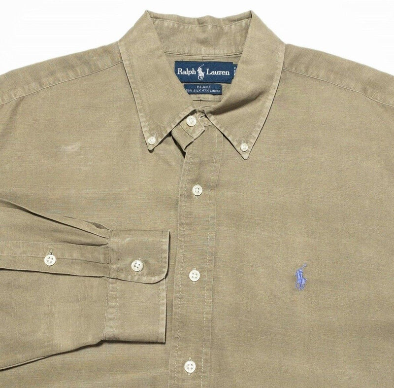 Polo Ralph Lauren Silk Linen Shirt Men's Large Men's Long Sleeve Olive/Brown 90s