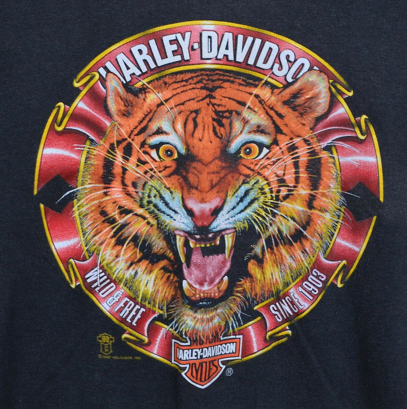 Vintage 80s Harley-Davidson Men's Large? Tiger 3D Wild & Free Black T-Shirt