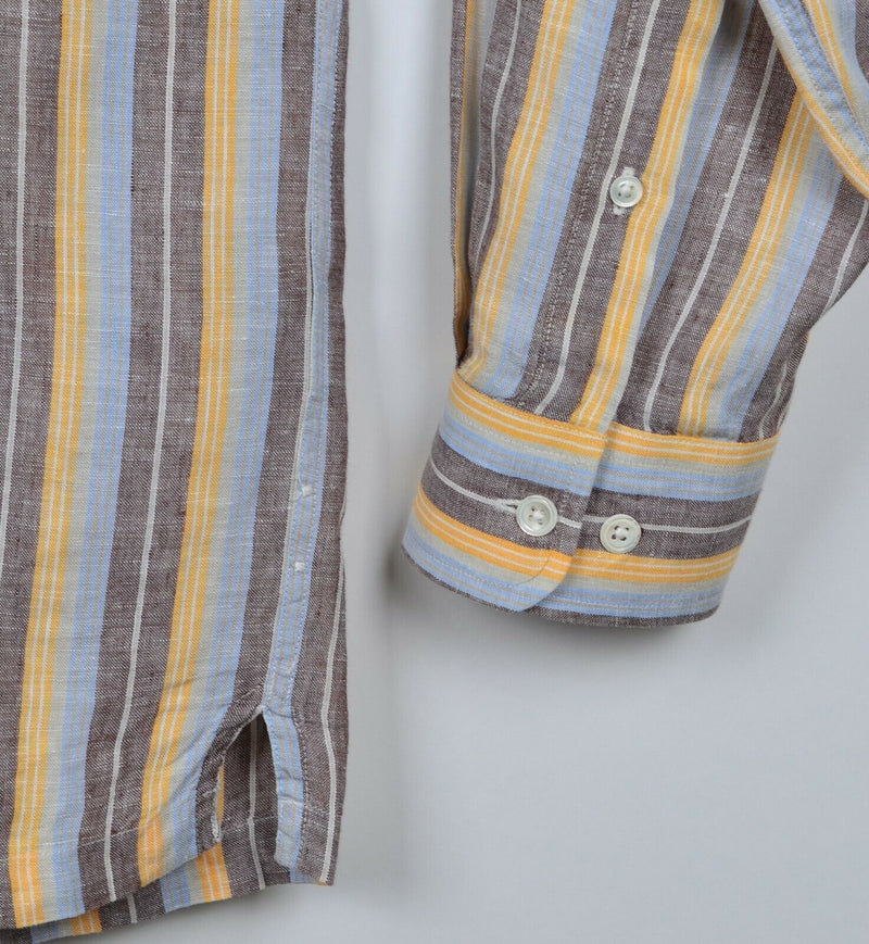 Faconnable Men's Sz Large Relaxed Fit 100% Linen Orange Blue Brown Striped Shirt