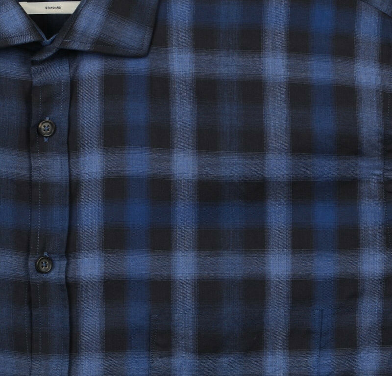 Billy Reid Men's XL Standard Navy Blue Plaid Made in Italy Button-Front Shirt