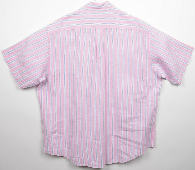 Brooks Brothers Men's XL 100% Linen Pink Blue Striped S/S Button-Down Shirt