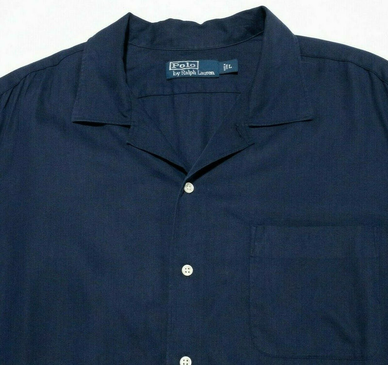 Polo Ralph Lauren Silk Linen Blend Navy Blue Long Sleeve Camp Shirt Men's Large