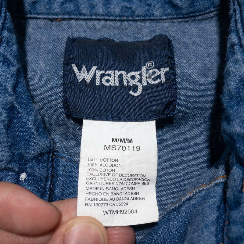 Wrangler Men's Medium Pearl Snap Denim Indigo Blue Western Rockabilly Shirt