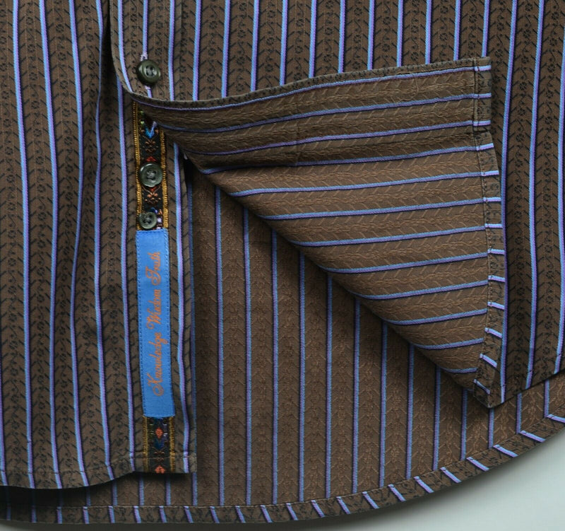 Robert Graham Men's Large Flip Cuff Brown Striped Designer Button-Front Shirt