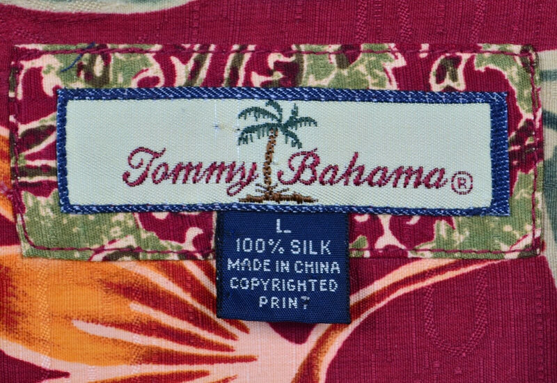 Tommy Bahama Men's Large 100% Silk Red Floral Palm Hawaiian Aloha Camp Shirt