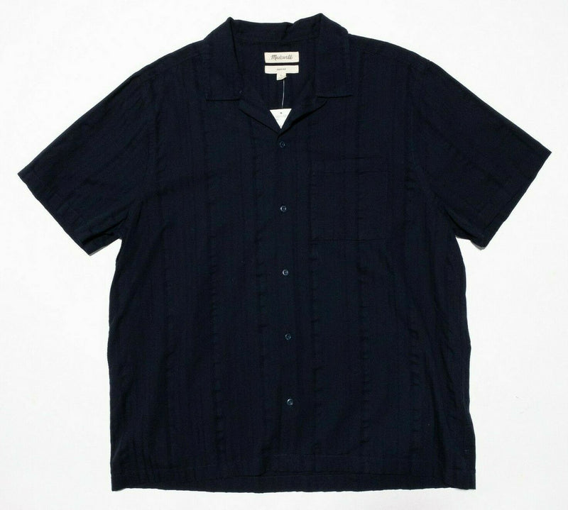Madewell Camp Shirt Large Easy Fit Men's Navy Blue Textured Striped Short Sleeve