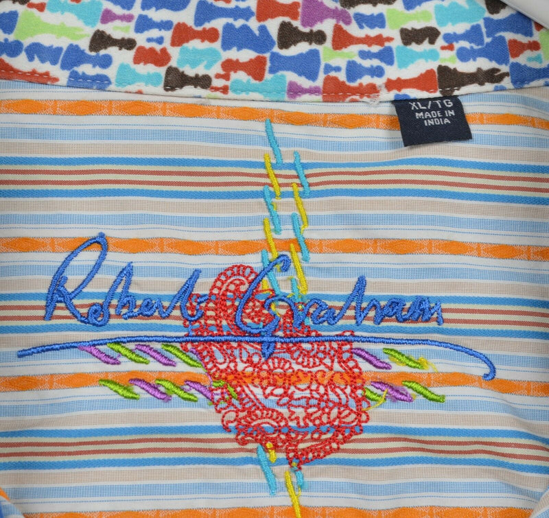 Robert Graham Men's XL Flip Cuff Chess Pieces Orange Multi-Color Striped Shirt