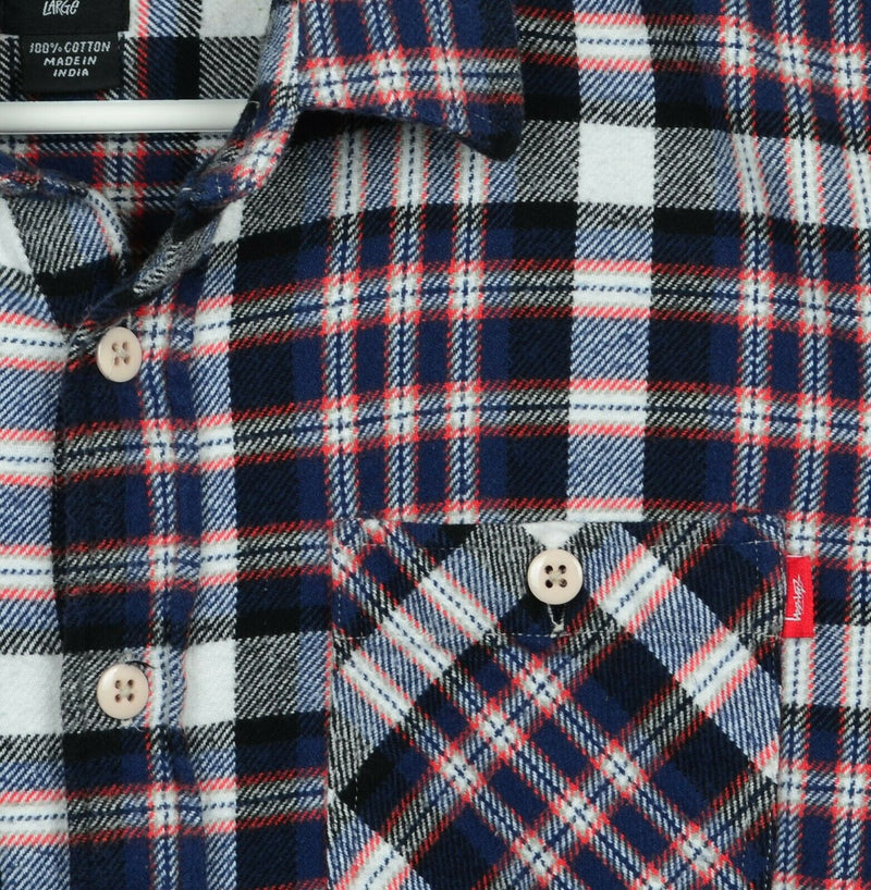 Stussy Men's Large Navy Blue Red Tartan Plaid Pockets Button-Front Flannel Shirt