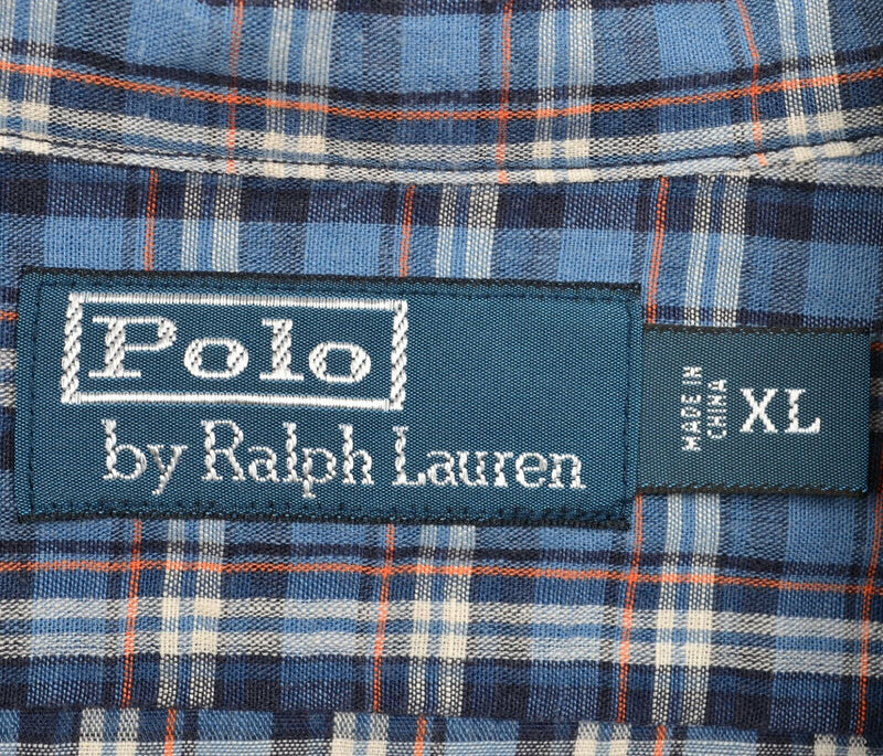 Polo Ralph Lauren Men's XL Linen Cotton Blend Blue Plaid Button-Front Shirt