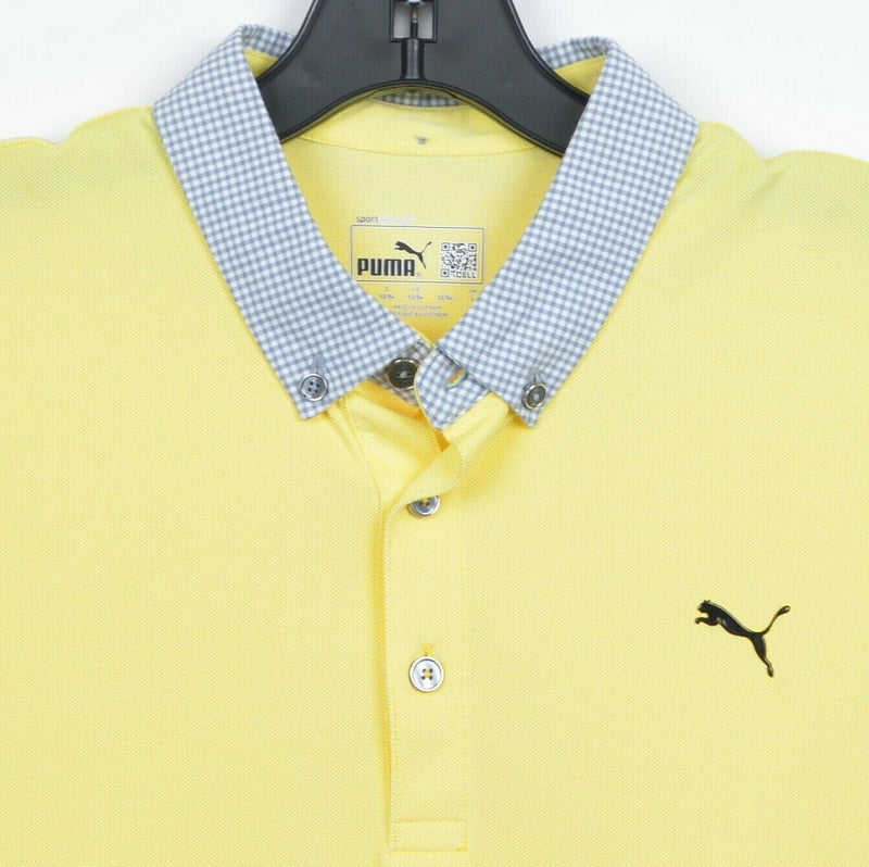 Puma Dry Cell Men's Sz Medium Solid Yellow Check Collar Golf Polo Shirt