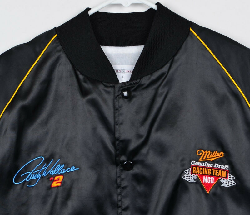 Vtg 80s Rusty Wallace Men's Sz Large NASCAR Miller Satin Snap-Front Black Jacket