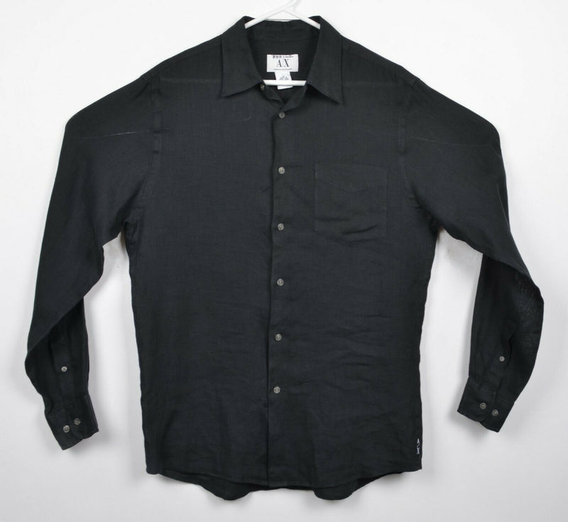 Armani Exchange A|X Men's Medium 100% Linen Solid Black Button-Front Shirt