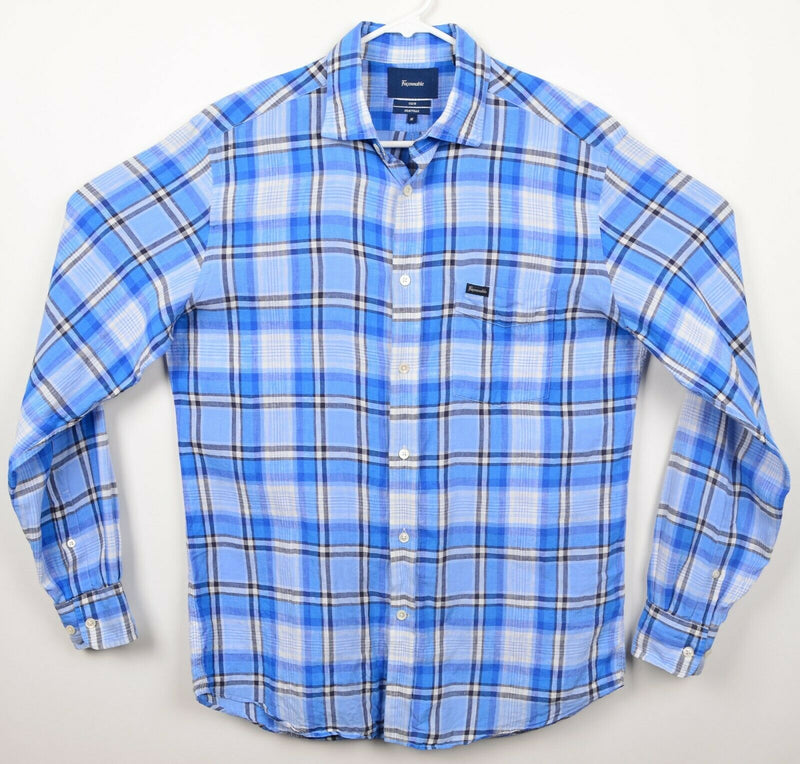 Faconnable Men's Sz Medium 100% Linen Club Deauville Pocket Blue Plaid Shirt