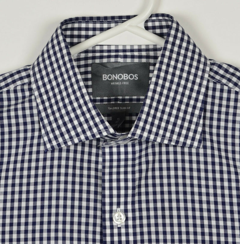 Bonobos Wrinkle-Free Men's 15/33 Tailored Slim Fit Navy Blue Gingham Dress Shirt