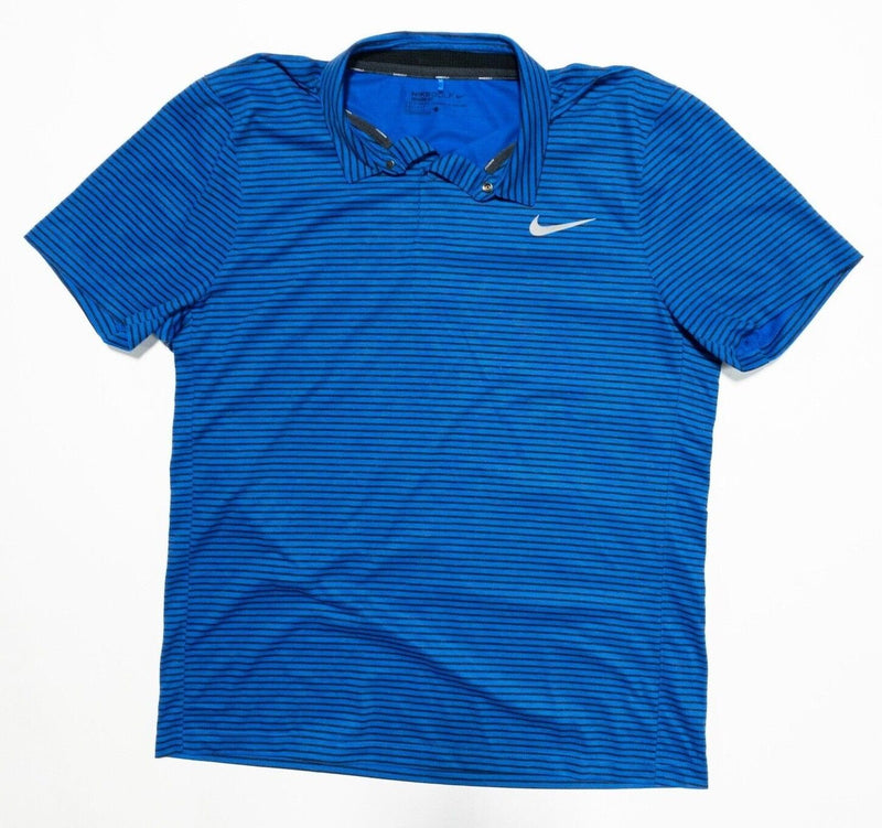 Nike Golf Polo Large Mens Dri-Fit Shirt Wool Blend Blue Striped Snap Swoosh Logo