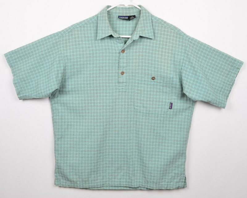 Vtg 90s Patagonia Men's Sz Medium Organic Cotton Teal Green Plaid Polo Shirt