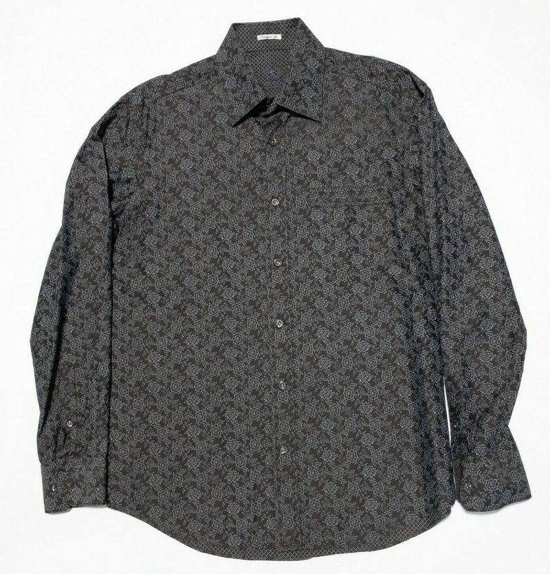Bugatchi Men's Shirt Medium Shaped Fit Floral Print Flip Cuff Brown Long Sleeve