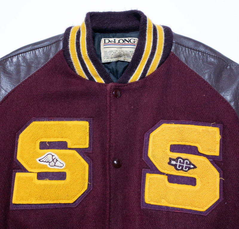 Vintage DeLong Varsity Jacket Adult Medium Letterman Maroon Gold Wool Knit Snap