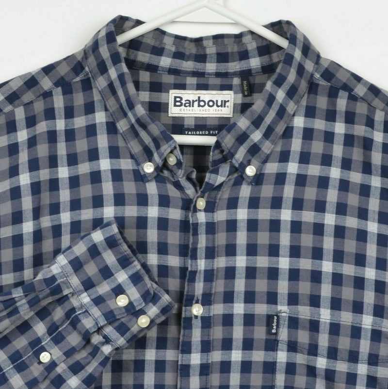 Barbour Men's XL Navy Gray Check Endsleigh Twill Tattersall Button-Down Shirt