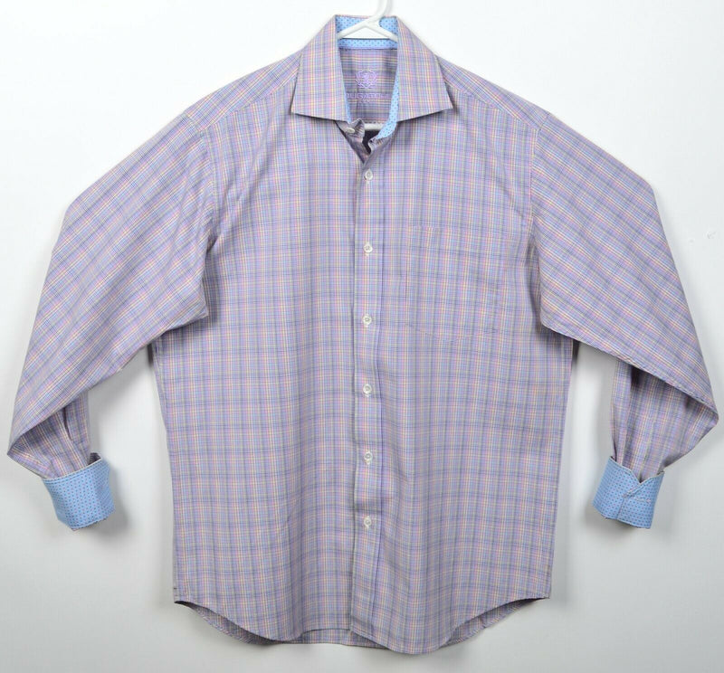 Bugatchi Uomo Men's Small Flip Cuff Purple Pink Multicolor Check Button Shirt