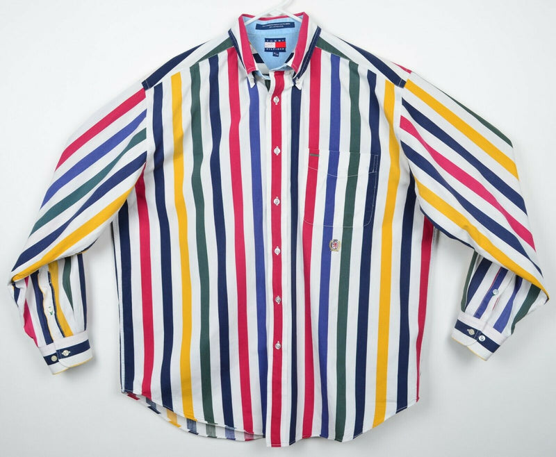 Vintage 90s Tommy Hilfiger Men's Medium Multi-Color Striped Lion Crest Shirt