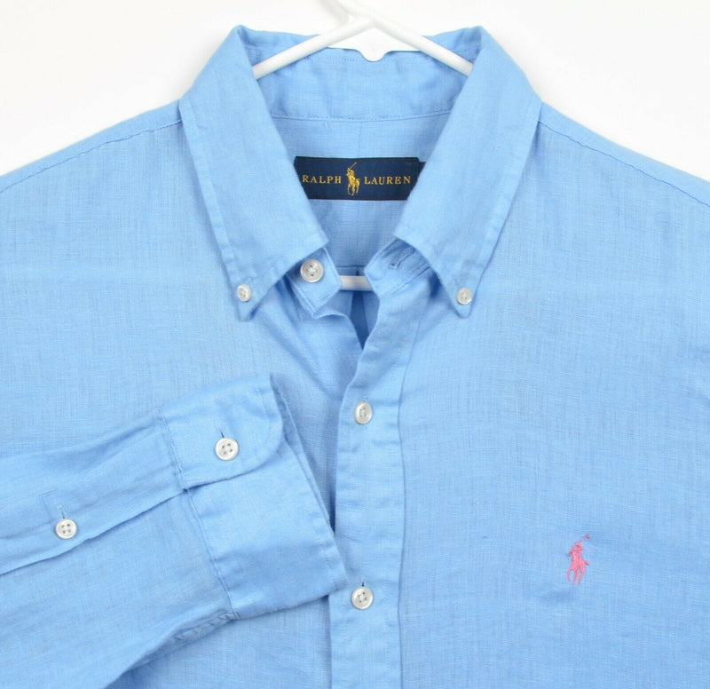 Ralph Lauren Men's Sz Medium 100% Linen Solid Light Blue Button-Front Shirt