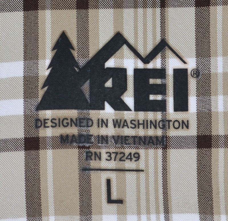 REI Men's Large Vented Mesh Brown Plaid Long Sleeve Hiking Fishing Outdoor Shirt
