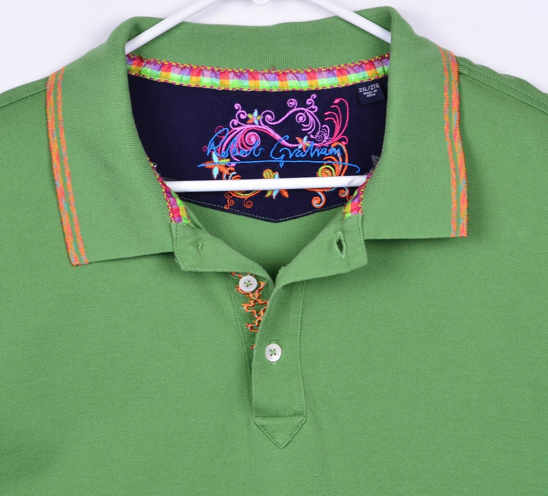 Robert Graham Men's Sz 2XL Embroidered Floral Paisley Solid Green Polo Shirt