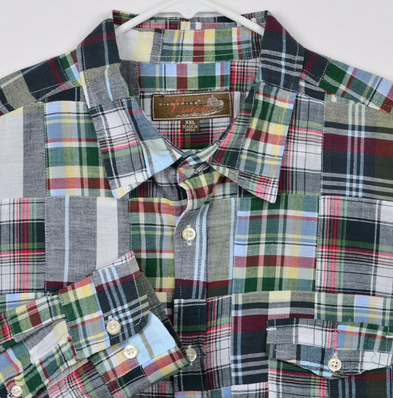 Siegfried Vintage Men's 2XL Patchwork Multi-Color Plaid Navy Button-Front Shirt